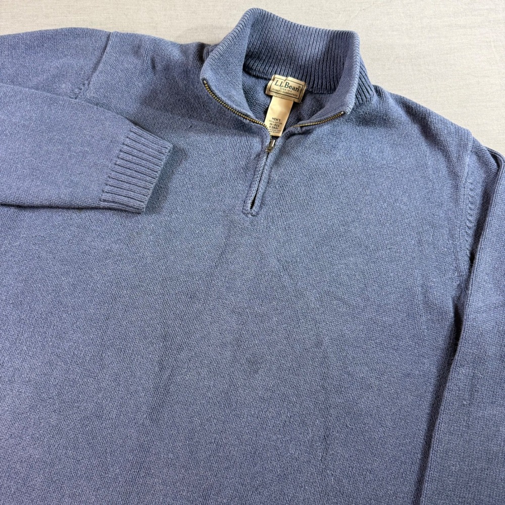LL‎ Bean Quarter Zip Sweater Mens Medium Blue Excellent Cotton Pullover 2185